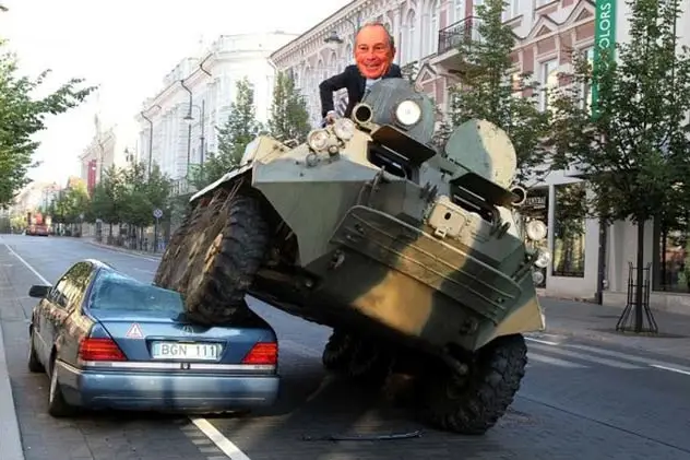In this fantasy photo illustration, Mayor Bloomberg crushes bike lane-blocking cars with a giant tank.